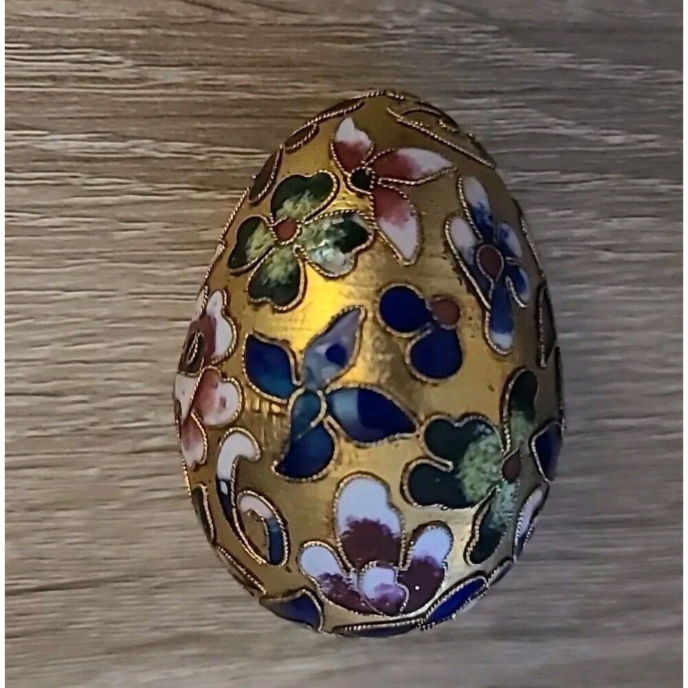 Vtg*Cloisonne Egg* Enameled Multicolored Jewel Tone Flowers Leaves - Picture 4 of 8